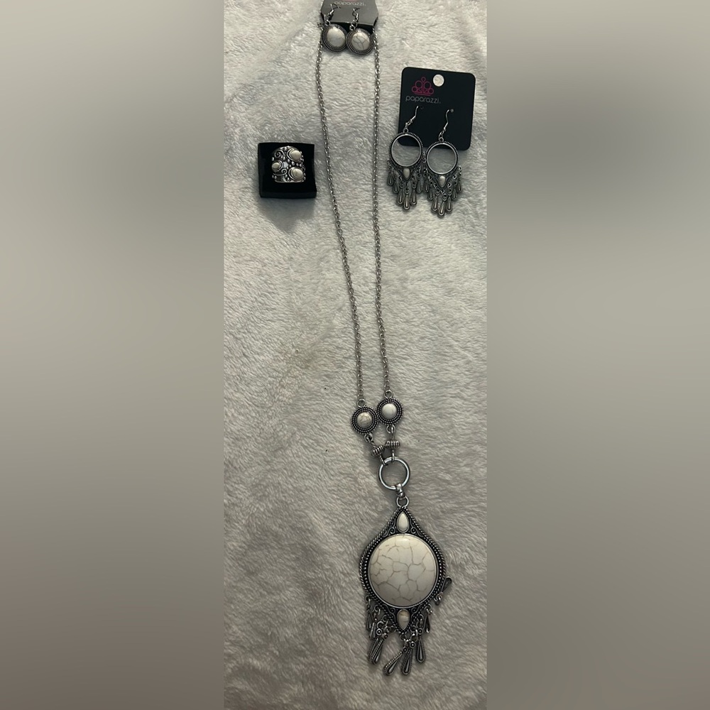 Paparazzi Jewelry-a necklace, 2pairs of earrings, and a ring.